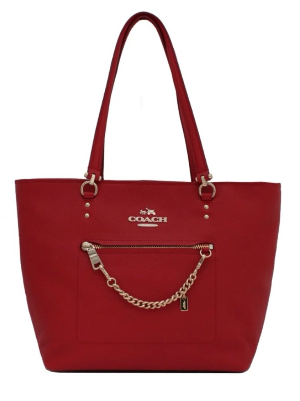 Coach Town Car Tote Crossgrain Leather Red Gold Chain Bag 34817